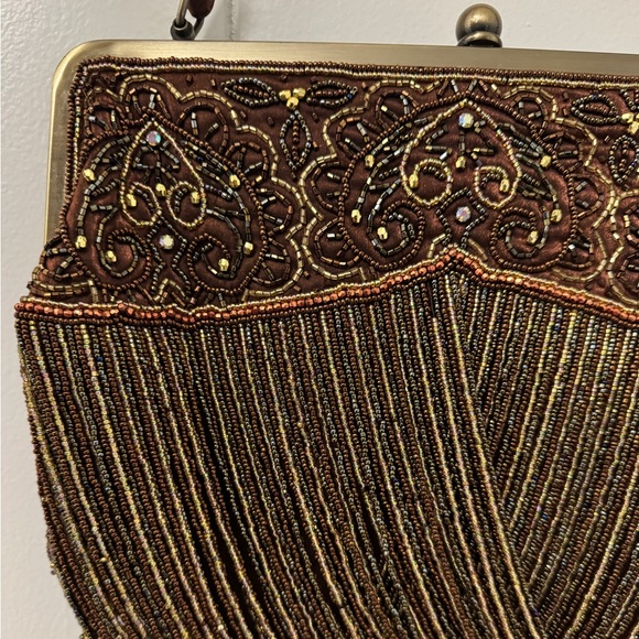 Y2K Bronze Beaded Fringe Clutch Purse Brown Formal Evening Bag Sequin Embroidery - Picture 4 of 7